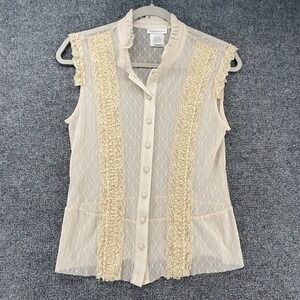 Worthington Blouse Top Womens M Beige Sheer Button Up Victorian Feminine Peasant